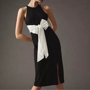 Anthropologie Maeve Women’s White Bow Waist High Neck Black Bodycon Midi Dress S